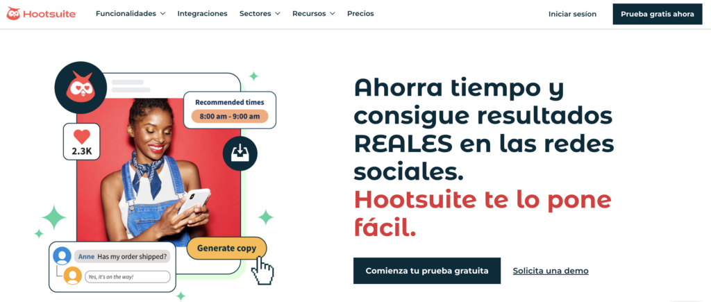 Un ejemplo de una herramienta de marketing - Página de inicio del sitio web de Hootsuite