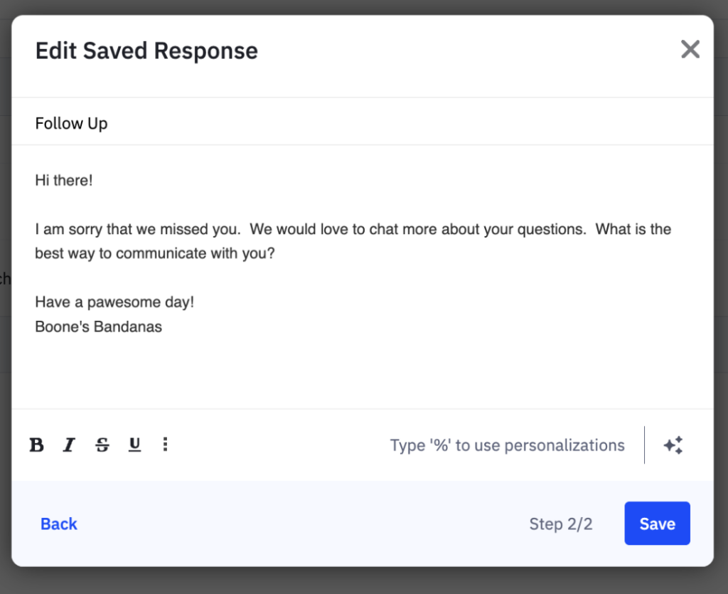 Edit Saved Response form in ActiveCampaign