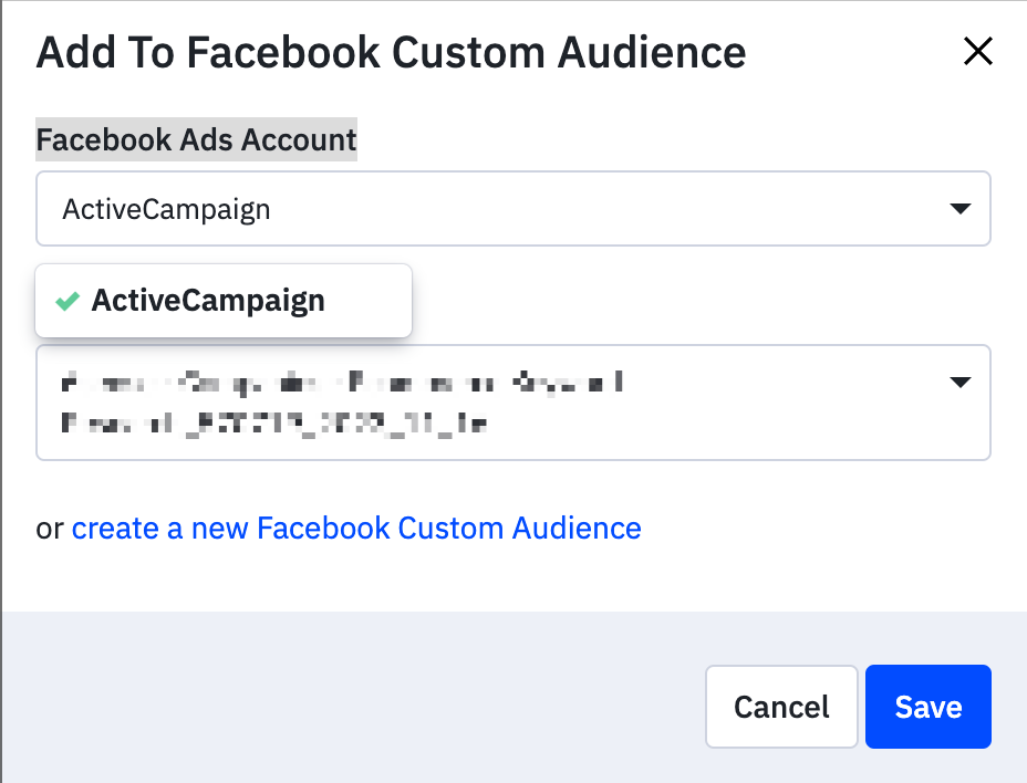 Facebook custom audience form in ActiveCampaign