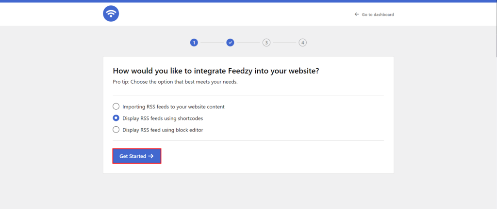 feedzy rss feed get started button