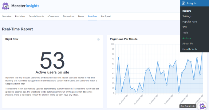 realtime report in monsterinsights