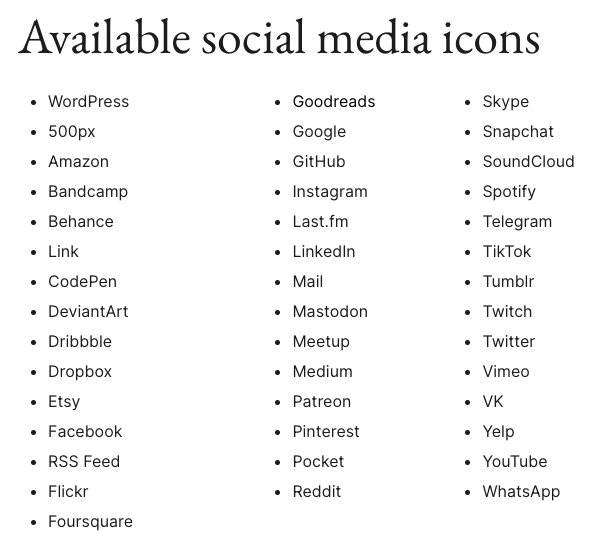 social icons available on wordpress