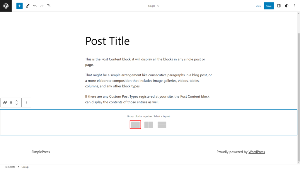 wordpress block editor group layout