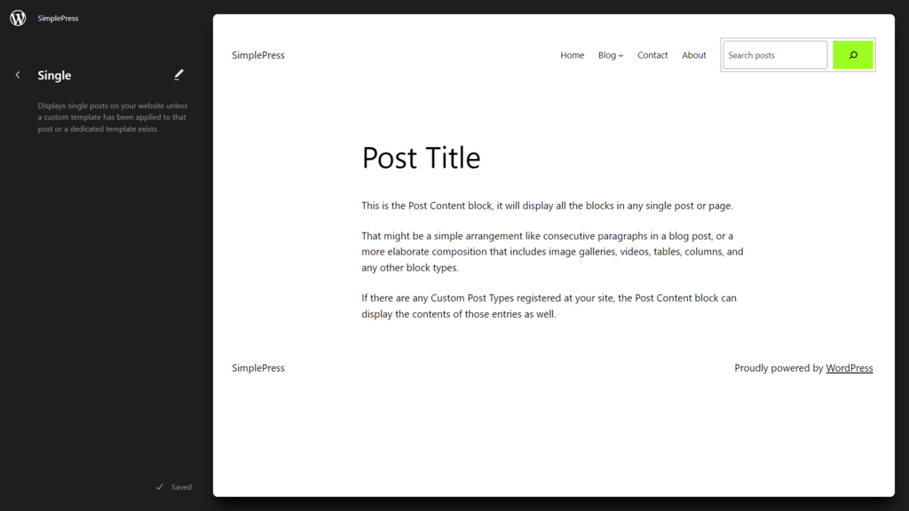 wordpress site editor single template